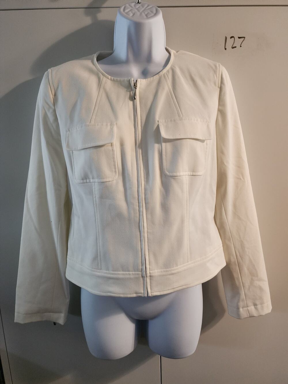 Evan-Picone Petite Cream Off White Full Zip Flap Pocket Stretch Jacket 4P
